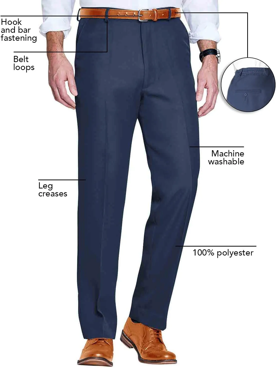 Men's Elasticated Pants with Hidden Stretch Fit Waist Smart Formal Comfortable Golf Slacks