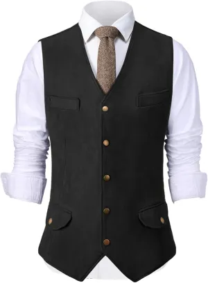 Men's Faux Suede Leather Cowboy Western Vest Cowhide Classic Warm Vest Waistcoat for Men