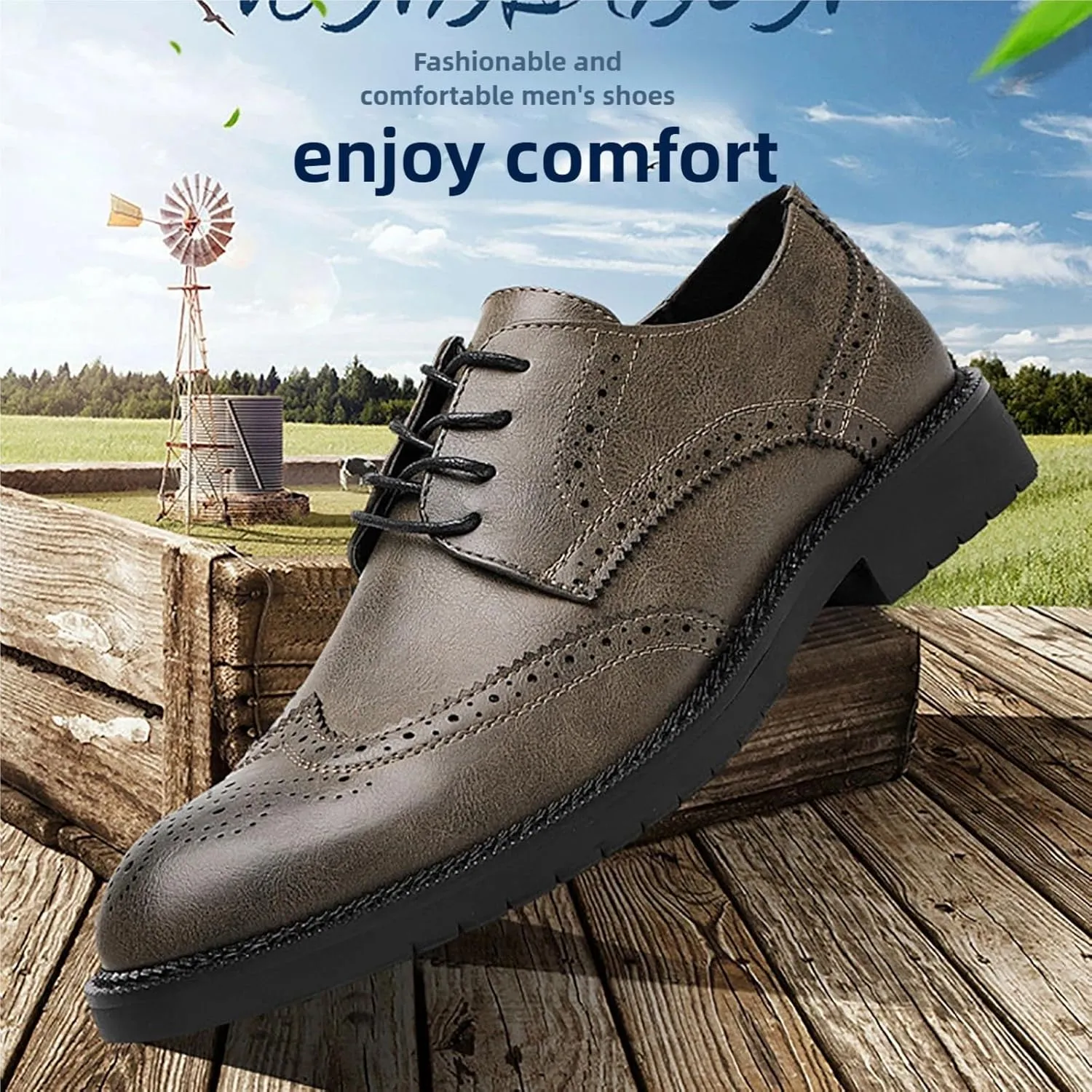 Men's Genuine Leather Derby Shoes Lightweight Anti-Slip Sole Business Casual Oxfords for Weddings, Work & Outdoor Activities