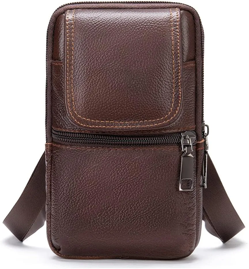 Men's Leather Cell Phone Crossbody Bag with Belt Loop, Waist Pouch Zipper Smartphone Case Purse Shoulder Holster Wallet Pocket Handbag
