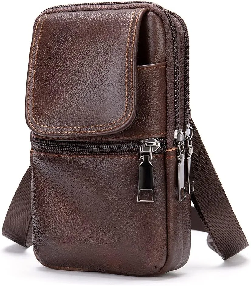 Men's Leather Cell Phone Crossbody Bag with Belt Loop, Waist Pouch Zipper Smartphone Case Purse Shoulder Holster Wallet Pocket Handbag