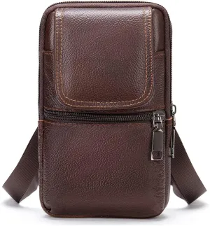Men's Leather Cell Phone Crossbody Bag with Belt Loop, Waist Pouch Zipper Smartphone Case Purse Shoulder Holster Wallet Pocket Handbag
