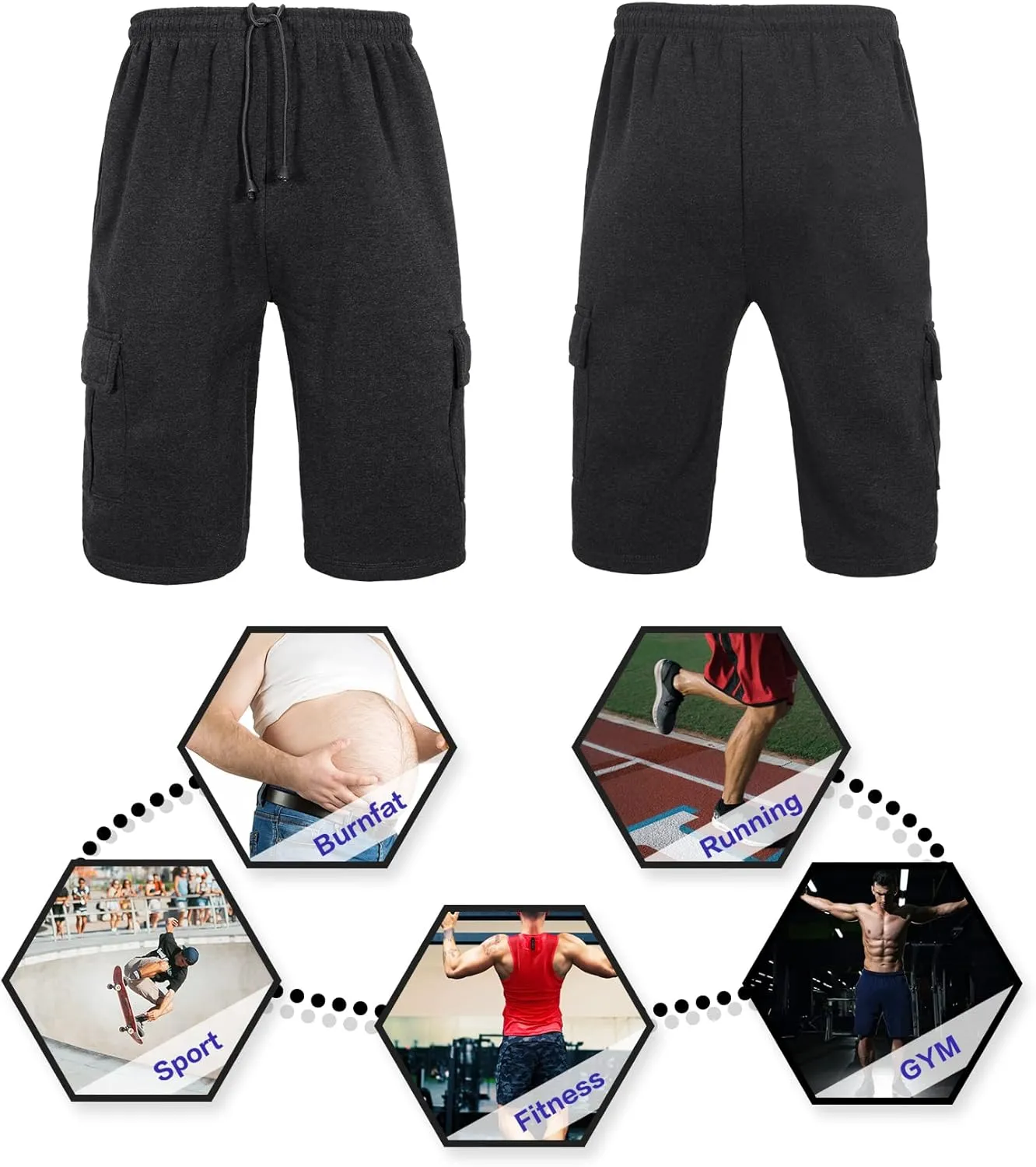 Men's Sweat Shorts Below The Knee Fleece Cargo Shorts Elastic Waist Workout Jogger Sweatpant Shorts with Pockets