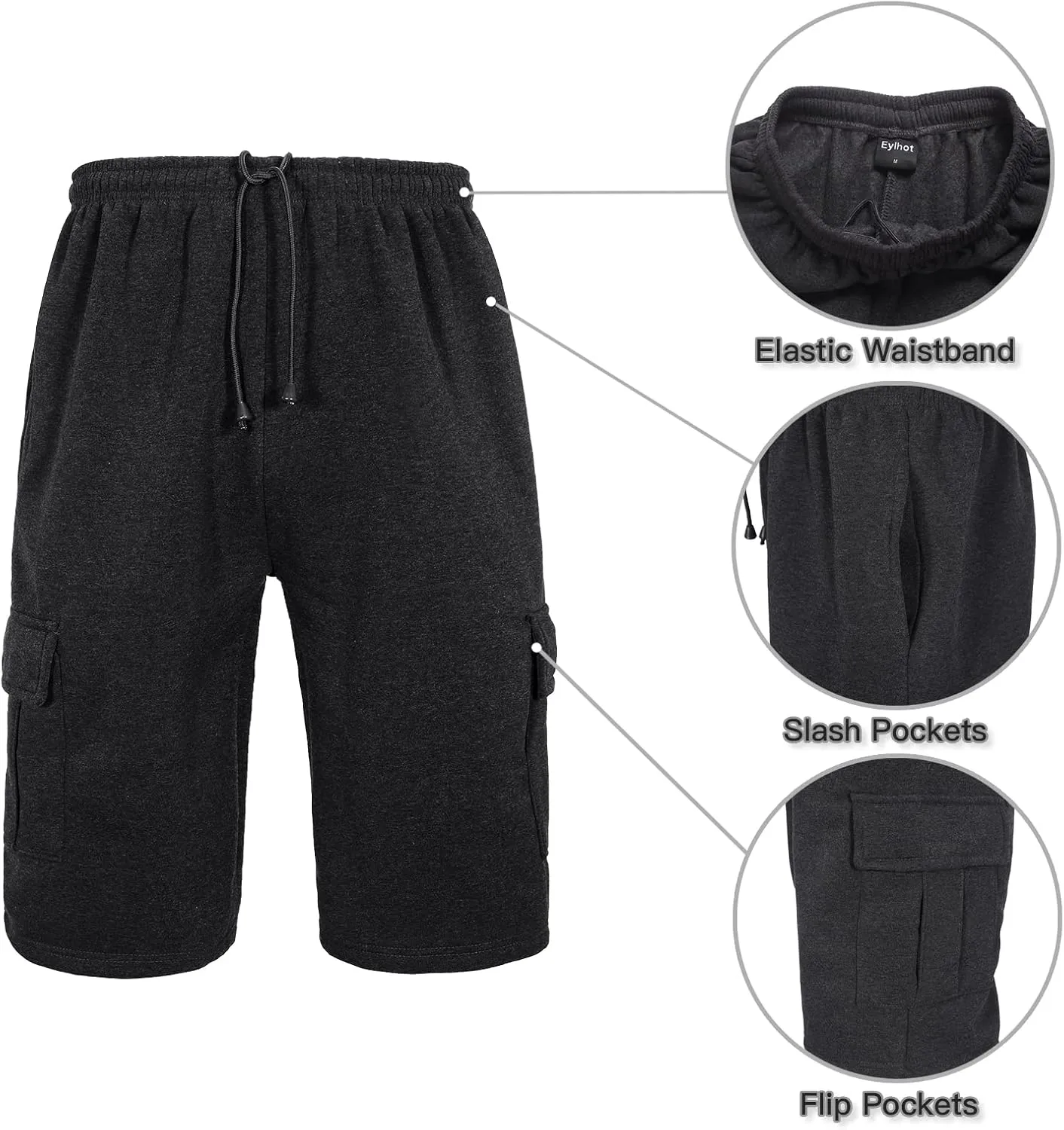 Men's Sweat Shorts Below The Knee Fleece Cargo Shorts Elastic Waist Workout Jogger Sweatpant Shorts with Pockets