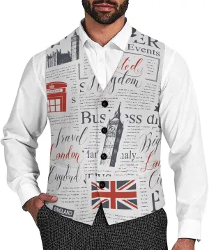 Mens V-Neck Suit Vest Tuxedo Waistcoat Wedding, Uk And London British Vintage Newspaper