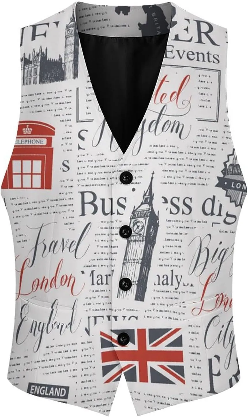 Mens V-Neck Suit Vest Tuxedo Waistcoat Wedding, Uk And London British Vintage Newspaper