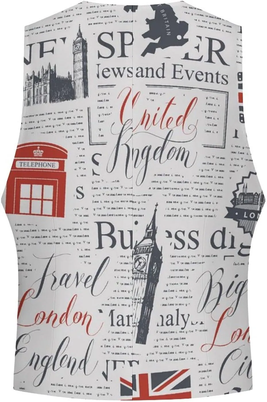 Mens V-Neck Suit Vest Tuxedo Waistcoat Wedding, Uk And London British Vintage Newspaper