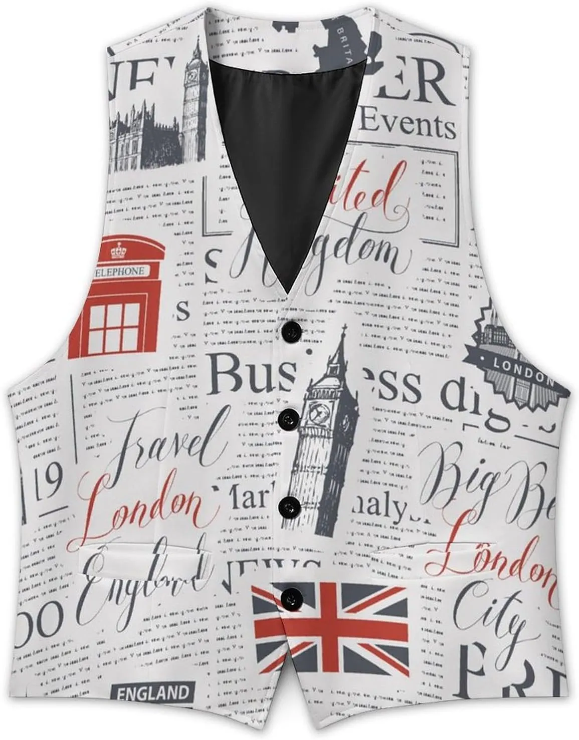 Mens V-Neck Suit Vest Tuxedo Waistcoat Wedding, Uk And London British Vintage Newspaper