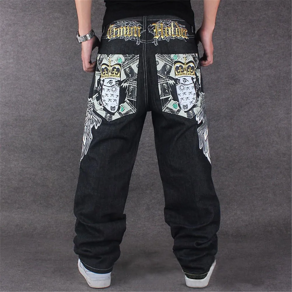 Men's Vintage Hip Hop Wings Embroidery Baggy Loose Fit Jeans