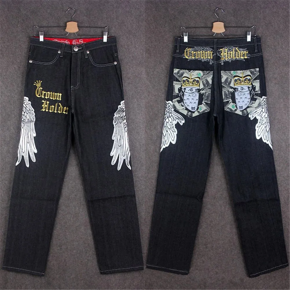 Men's Vintage Hip Hop Wings Embroidery Baggy Loose Fit Jeans