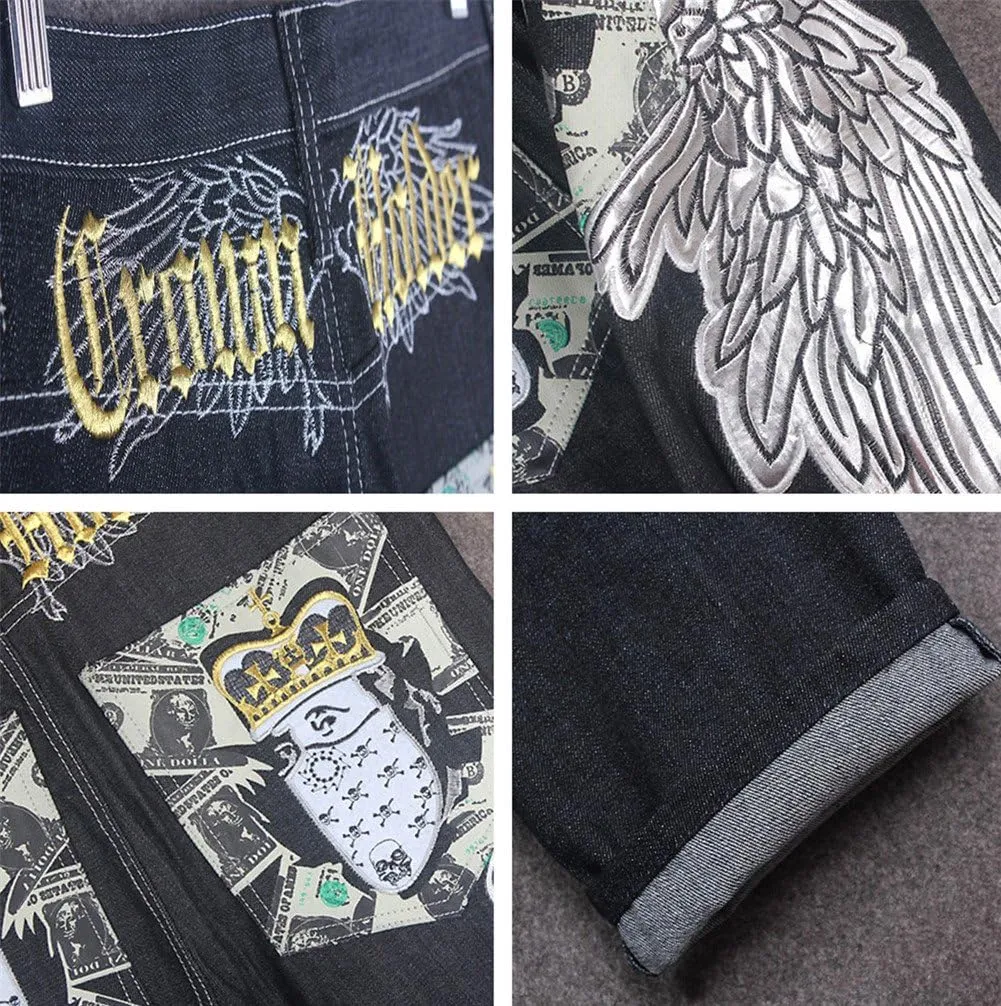 Men's Vintage Hip Hop Wings Embroidery Baggy Loose Fit Jeans