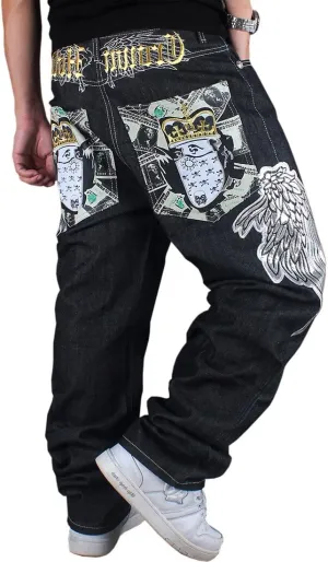 Men's Vintage Hip Hop Wings Embroidery Baggy Loose Fit Jeans