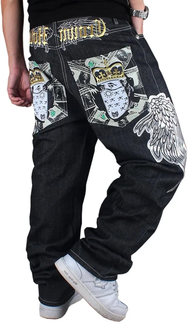Men's Vintage Hip Hop Wings Embroidery Baggy Loose Fit Jeans