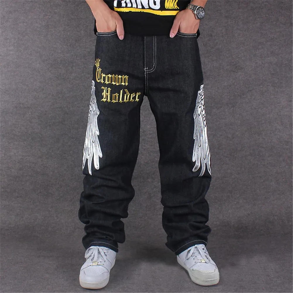 Men's Vintage Hip Hop Wings Embroidery Baggy Loose Fit Jeans