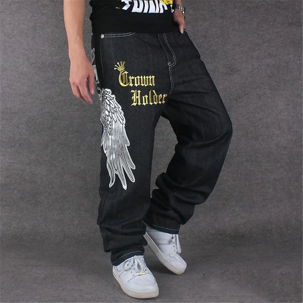 Men's Vintage Hip Hop Wings Embroidery Baggy Loose Fit Jeans