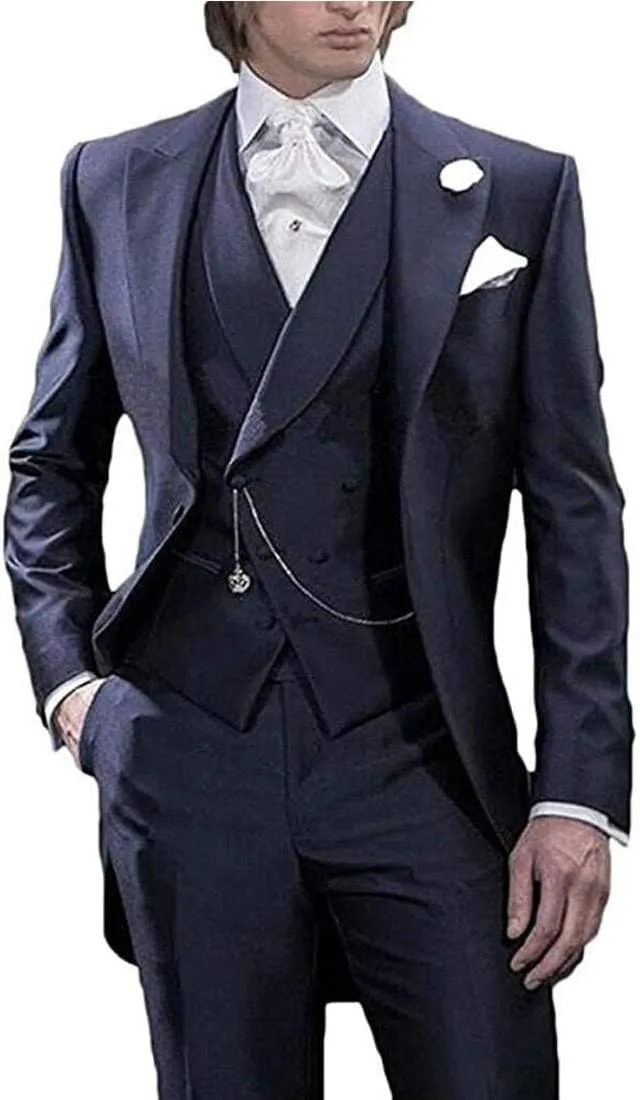 Men's White 3PC Long Tailcoat Suit Notch Lapel One Button Wedding Suits Groom Tuxedos