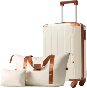 Merax Carry On Luggage Set 3 Piece, Hard Shell Suitcases with Wheels Aluminum Alloy Corner, TSA Luggage Suitcase for Travel Woman Men(White Brown)