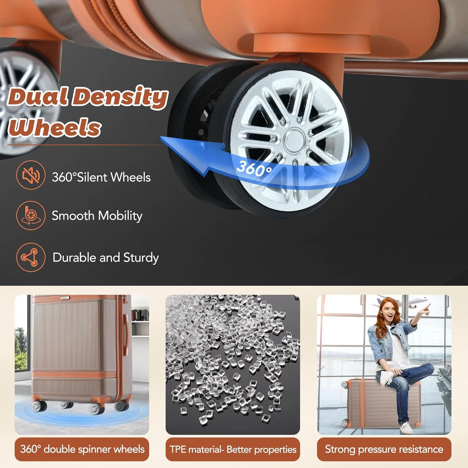 Merax Hardside Rugged Travel Suitcase Luggage with 8 Spinner Wheels, Collision-Protection Angle, 3-Piece Set, TSA Lock, Expandable, Carry-On Luggage (20/24/28,Coppery)