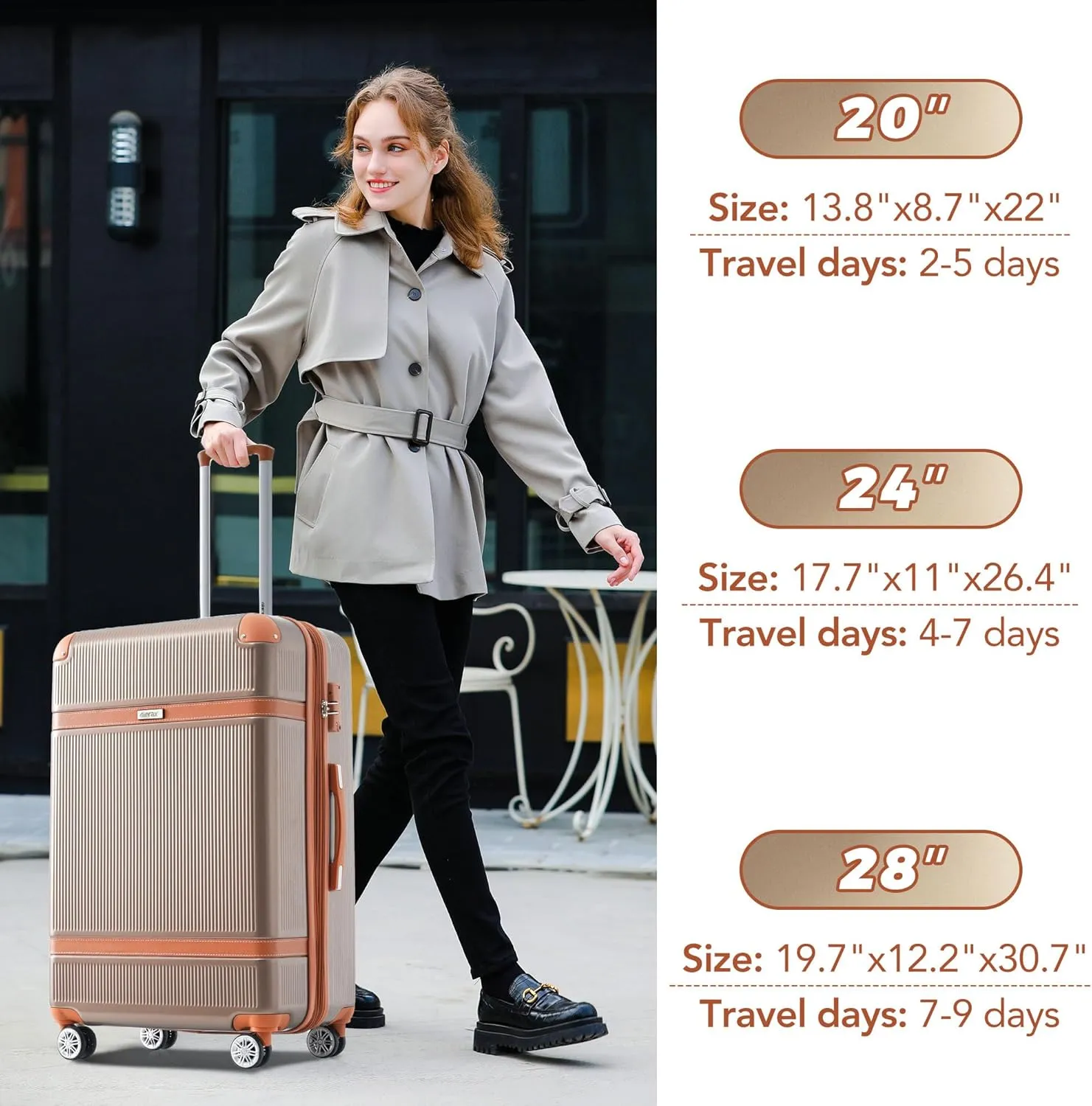 Merax Hardside Rugged Travel Suitcase Luggage with 8 Spinner Wheels, Collision-Protection Angle, 3-Piece Set, TSA Lock, Expandable, Carry-On Luggage (20/24/28,Coppery)