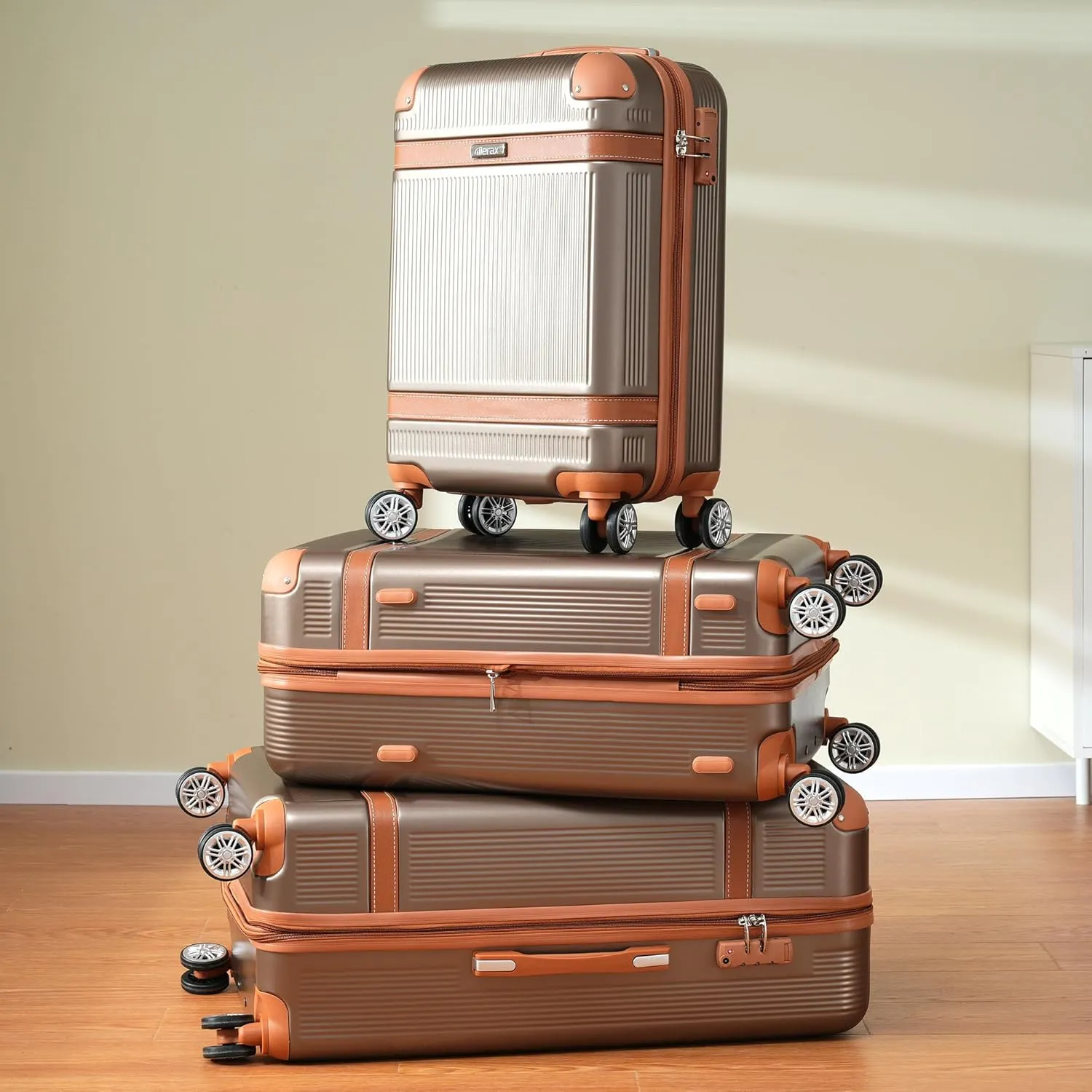 Merax Hardside Rugged Travel Suitcase Luggage with 8 Spinner Wheels, Collision-Protection Angle, 3-Piece Set, TSA Lock, Expandable, Carry-On Luggage (20/24/28,Coppery)