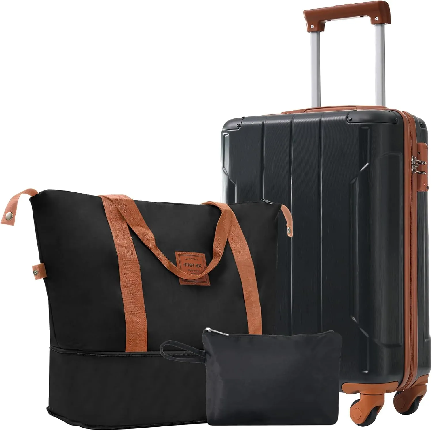 Merax Luggage Set 3 Piece Carry on Luggage, Lightweight Durable Suitcases with Spinner Wheels, Corner Guards (Black Brown, 20inch)