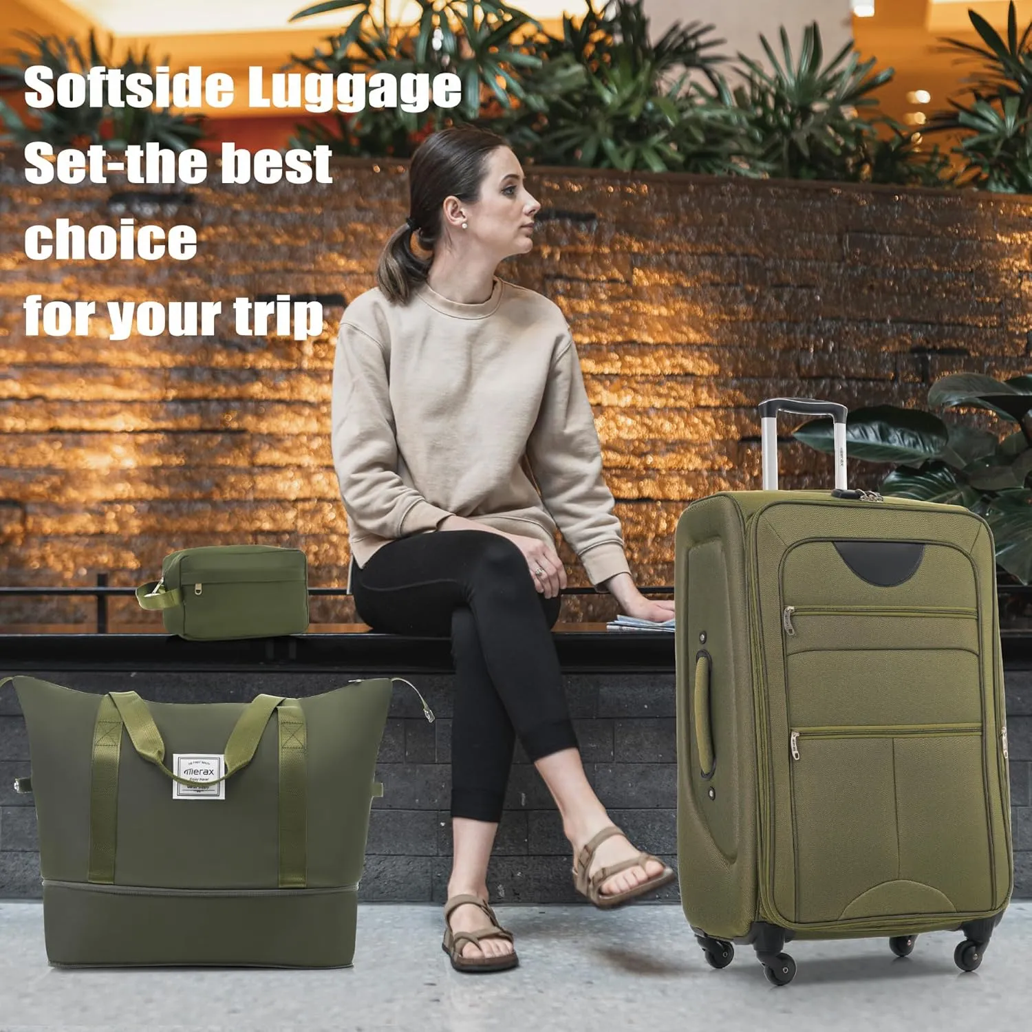 Merax Luggage Set, Softside Suitcase 3 Piece, Expandable Lightweight Luggage Sets with Duffel Bag 22" 26" 30" Suitcase with Wheels TSA Lock,Army Green