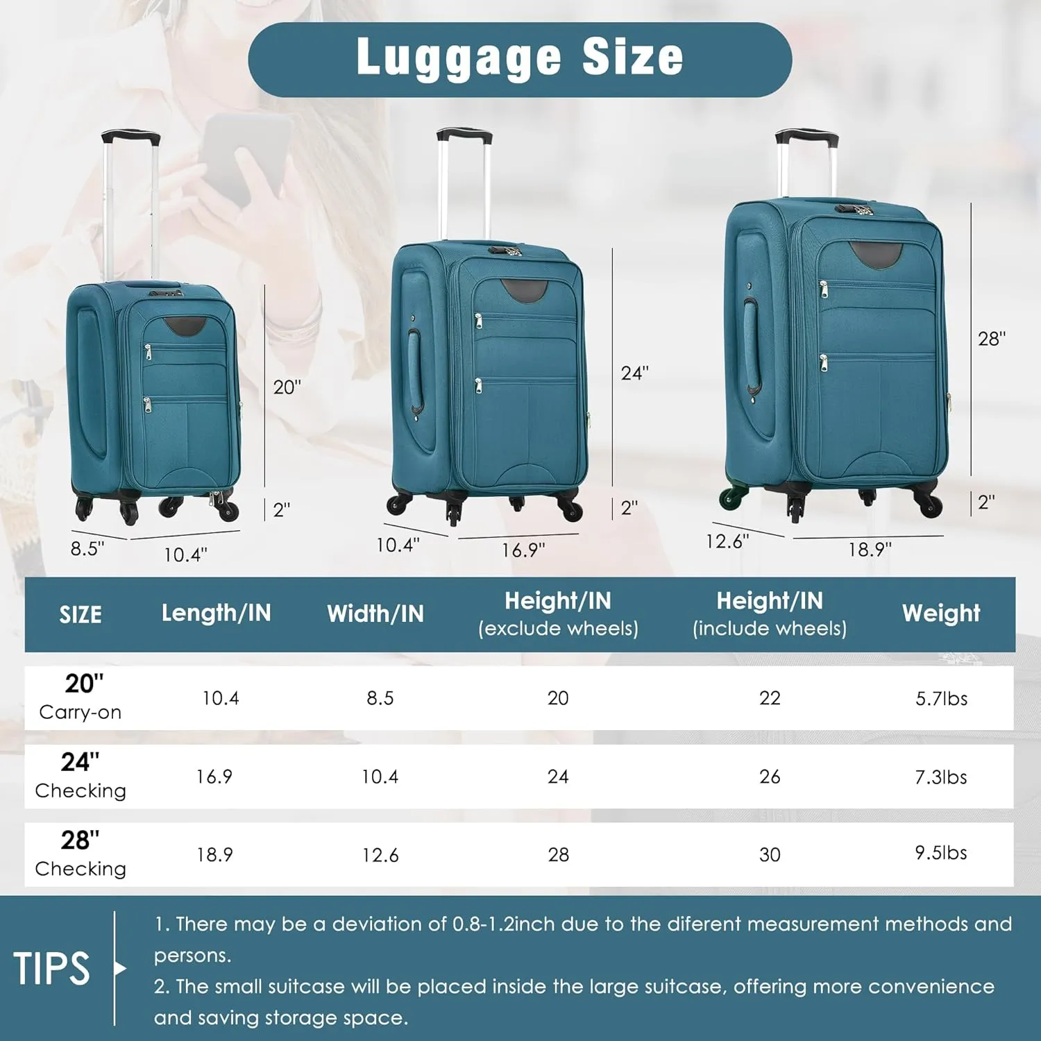 Merax Luggage Set, Softside Suitcase 3 Piece, Expandable Lightweight Luggage Sets with Duffel Bag 22" 26" 30" Suitcase with Wheels TSA Lock,Blue Green
