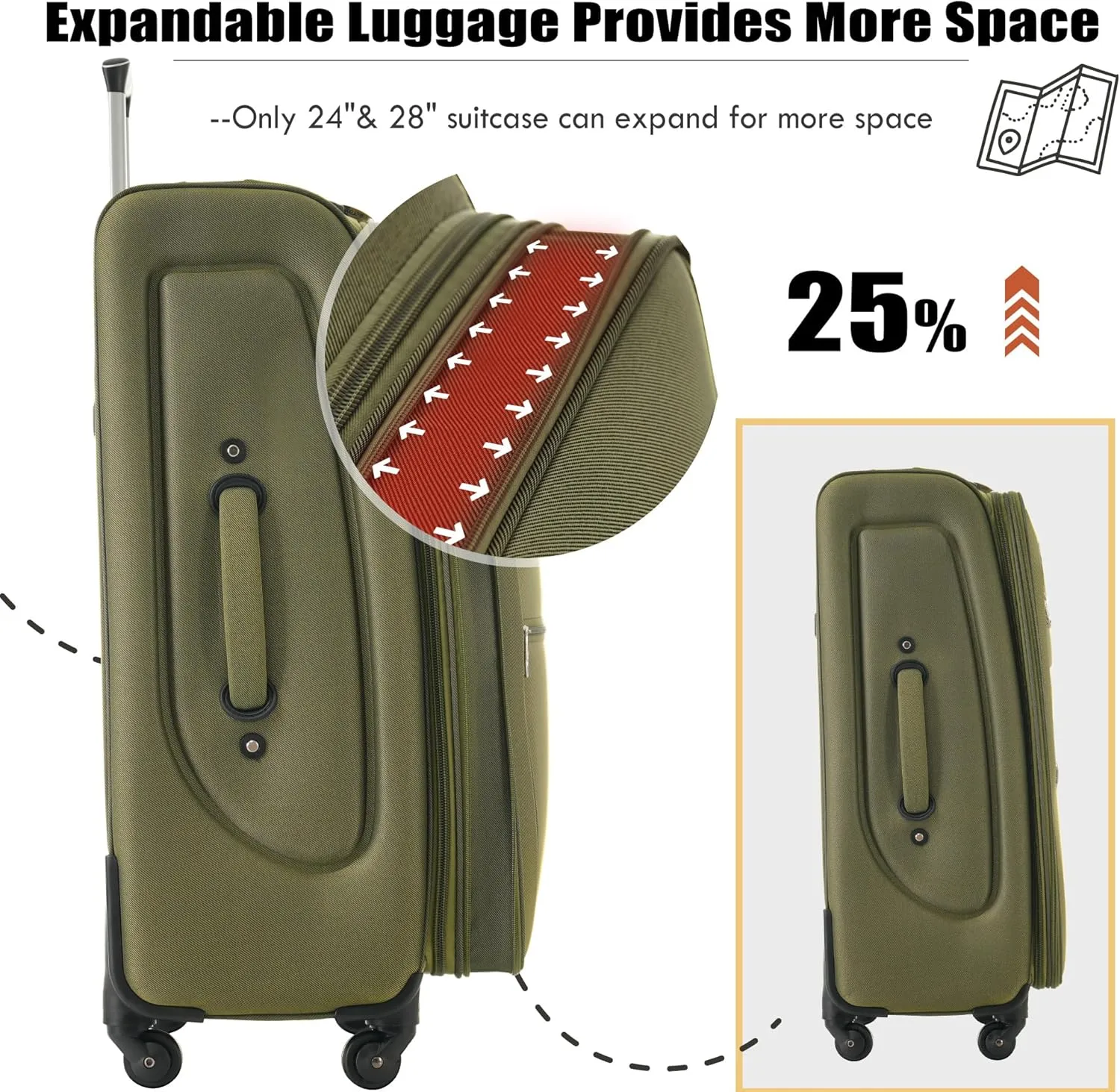 Merax Softside Luggage Set, Travel Suitcase Expandable Lightweight, 3 Piece Luggage Sets with Spinner Wheels 22" 26" 30" Suitcase with TSA Lock (Army Green)