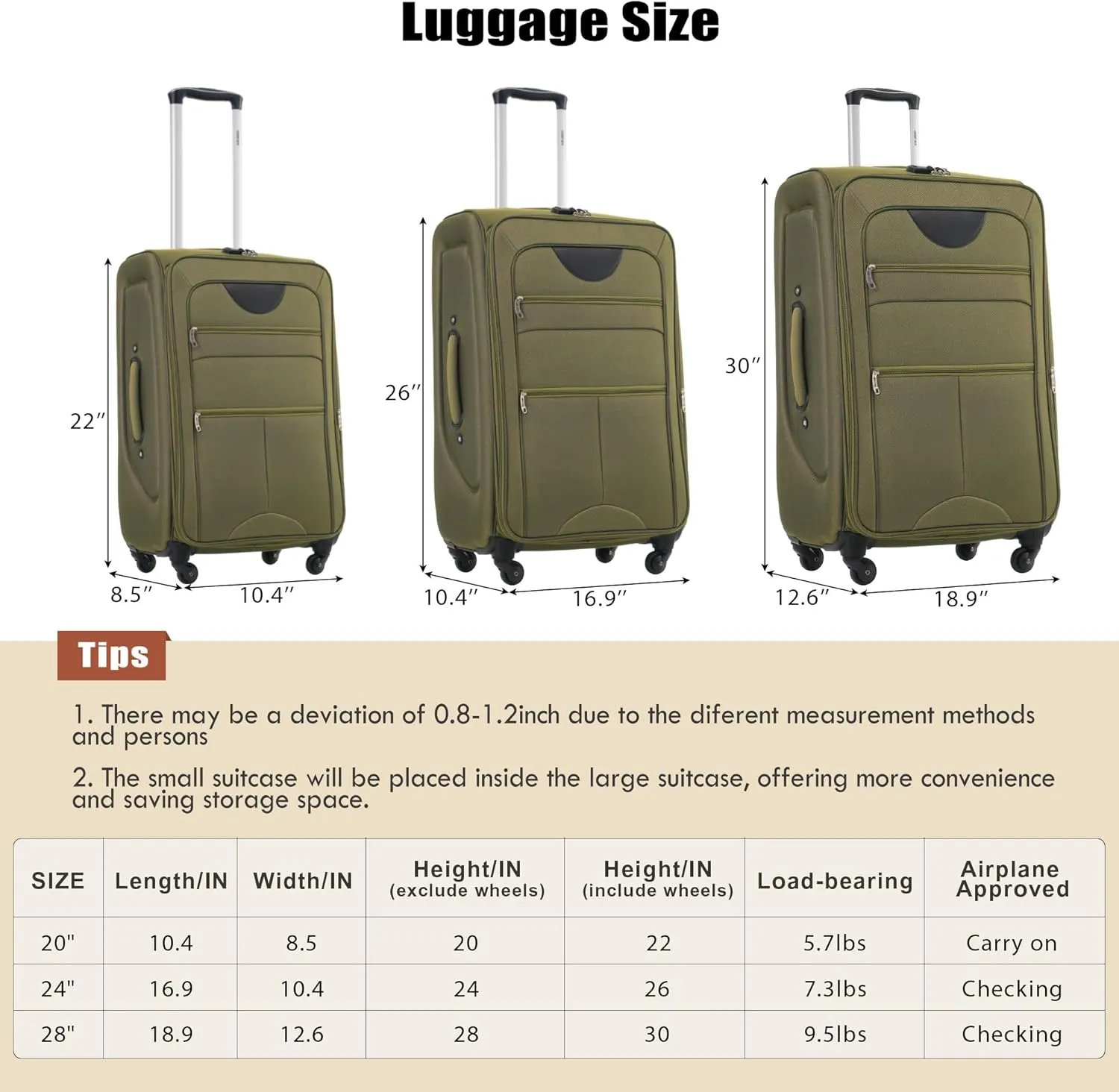 Merax Softside Luggage Set, Travel Suitcase Expandable Lightweight, 3 Piece Luggage Sets with Spinner Wheels 22" 26" 30" Suitcase with TSA Lock (Army Green)