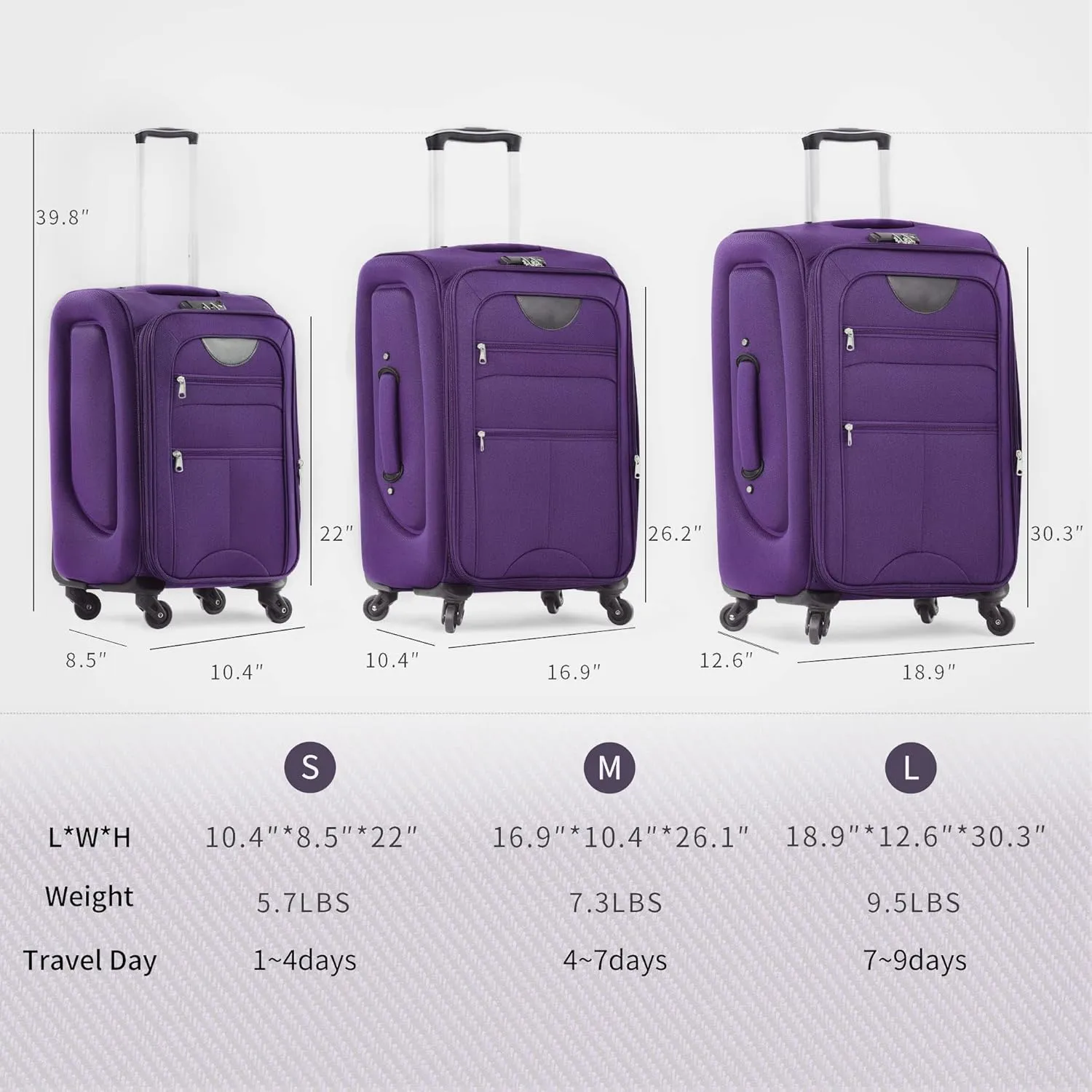 Merax Softside Luggage Set, Travel Suitcase Expandable Lightweight, 3 Piece Luggage Sets with Spinner Wheels 22" 26" 30" Suitcase with TSA Lock (Purple)