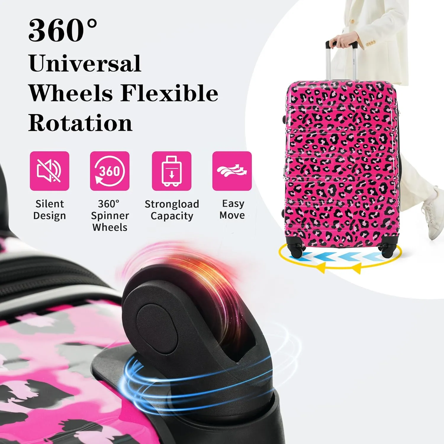 Merax Suitcase Set, Hardshell Luggage Sets 3 Piece with Spinner Wheels, Expandable Durable Suitcase with TSA Lock Lightweight 20" 24" 28", Hot Pink Leopard
