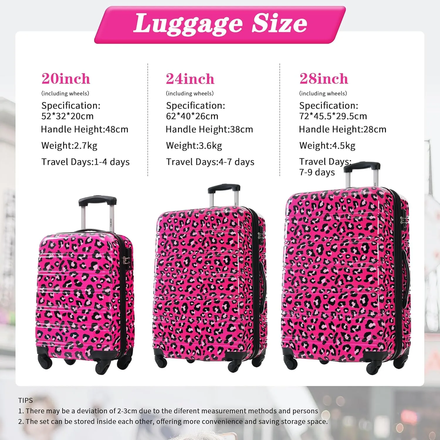 Merax Suitcase Set, Hardshell Luggage Sets 3 Piece with Spinner Wheels, Expandable Durable Suitcase with TSA Lock Lightweight 20" 24" 28", Hot Pink Leopard