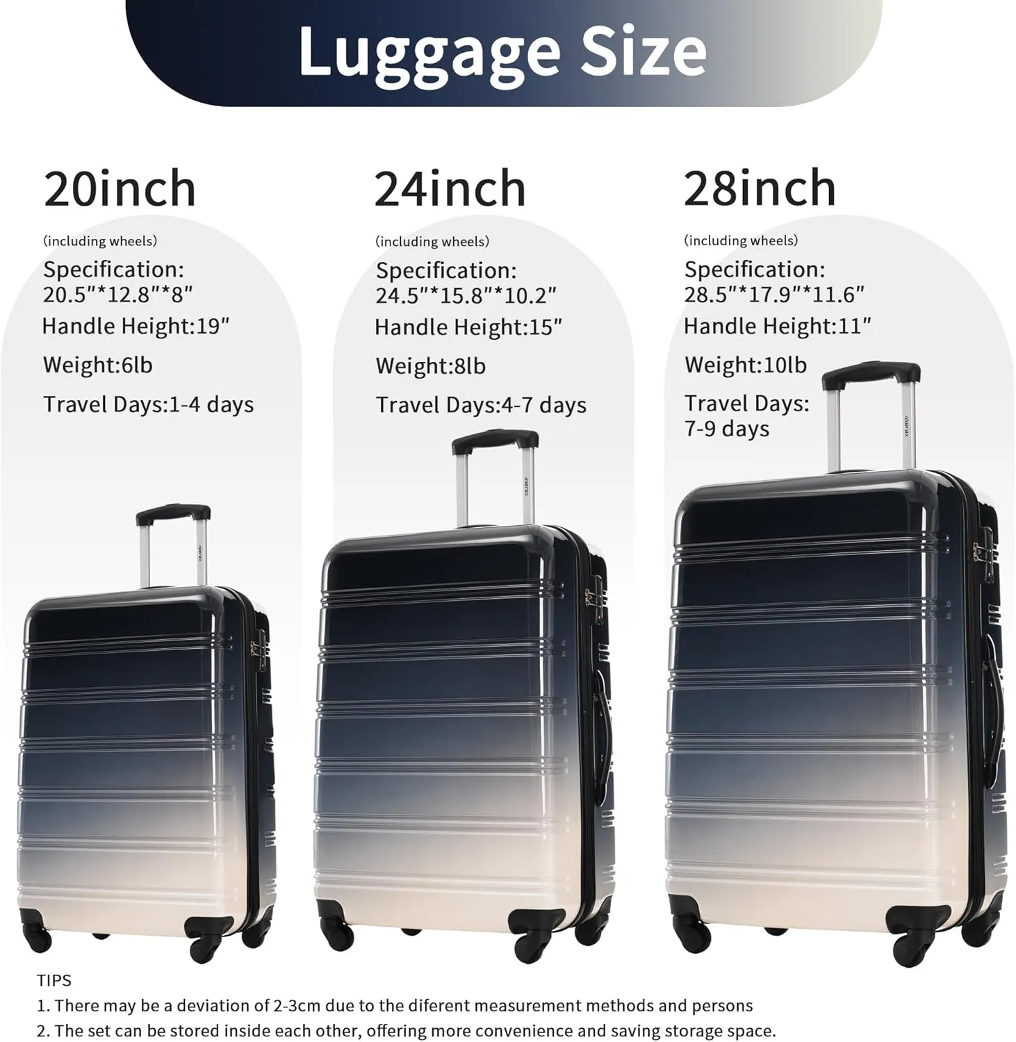 Merax Suitcase Set, Hardshell Luggage Sets 3 Piece with Spinner Wheels, Expandable Gradient Color Suitcase with TSA Lock Lightweight 20" 24" 28", Gradient Black