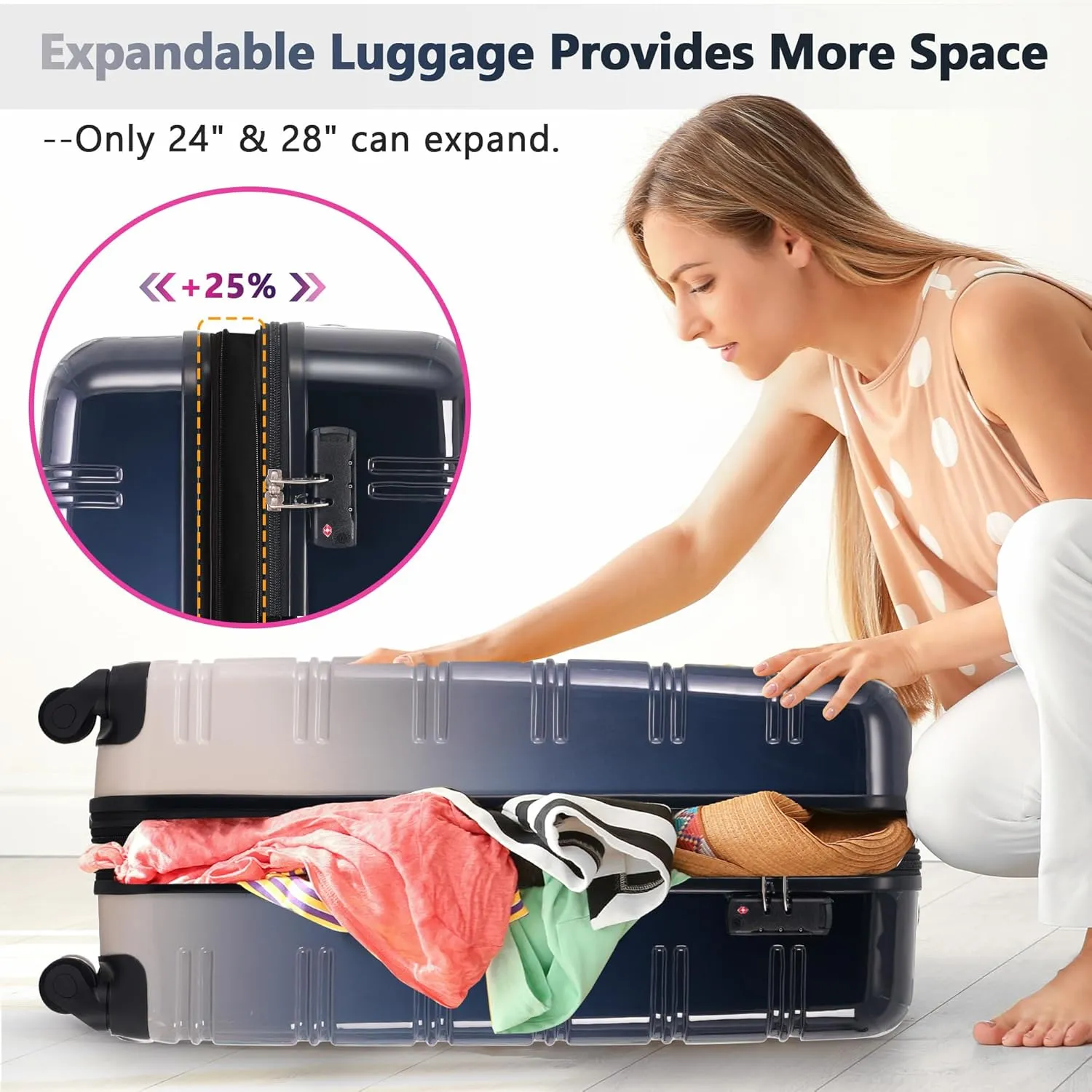 Merax Suitcase Set, Hardshell Luggage Sets 3 Piece with Spinner Wheels, Expandable Gradient Color Suitcase with TSA Lock Lightweight 20" 24" 28", Gradient Black