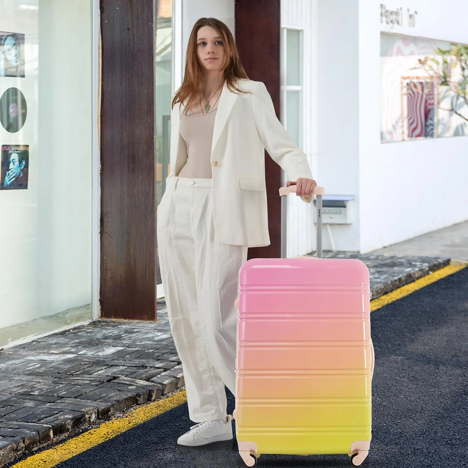 Merax Suitcase Set, Hardshell Luggage Sets 3 Piece with Spinner Wheels, Expandable Gradient Color Suitcase with TSA Lock Lightweight 20" 24" 28", Pink and Green