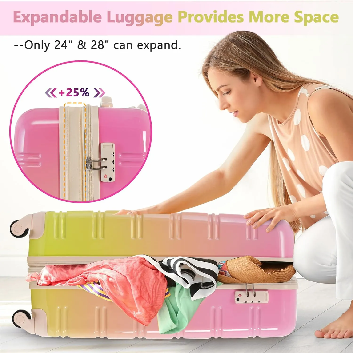 Merax Suitcase Set, Hardshell Luggage Sets 3 Piece with Spinner Wheels, Expandable Gradient Color Suitcase with TSA Lock Lightweight 20" 24" 28", Pink and Green