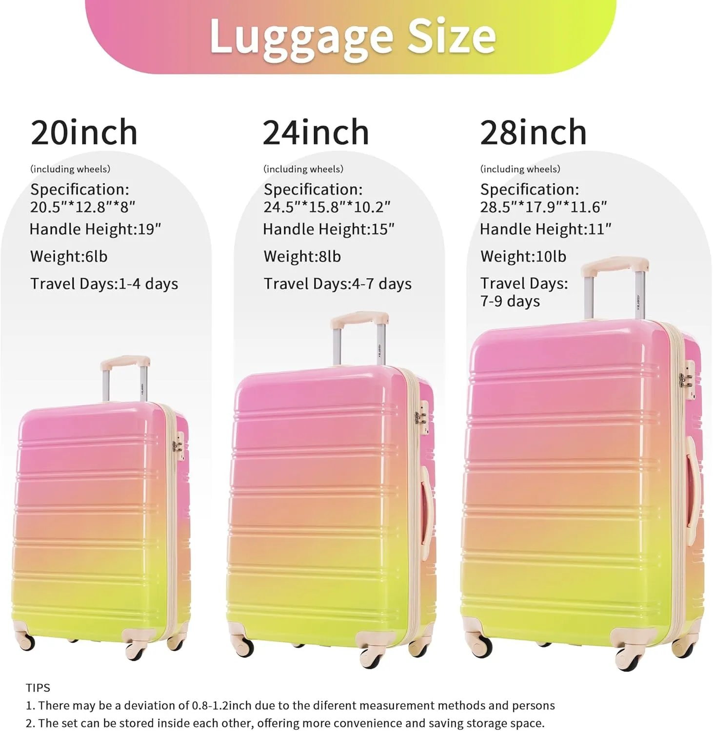 Merax Suitcase Set, Hardshell Luggage Sets 3 Piece with Spinner Wheels, Expandable Gradient Color Suitcase with TSA Lock Lightweight 20" 24" 28", Pink and Green
