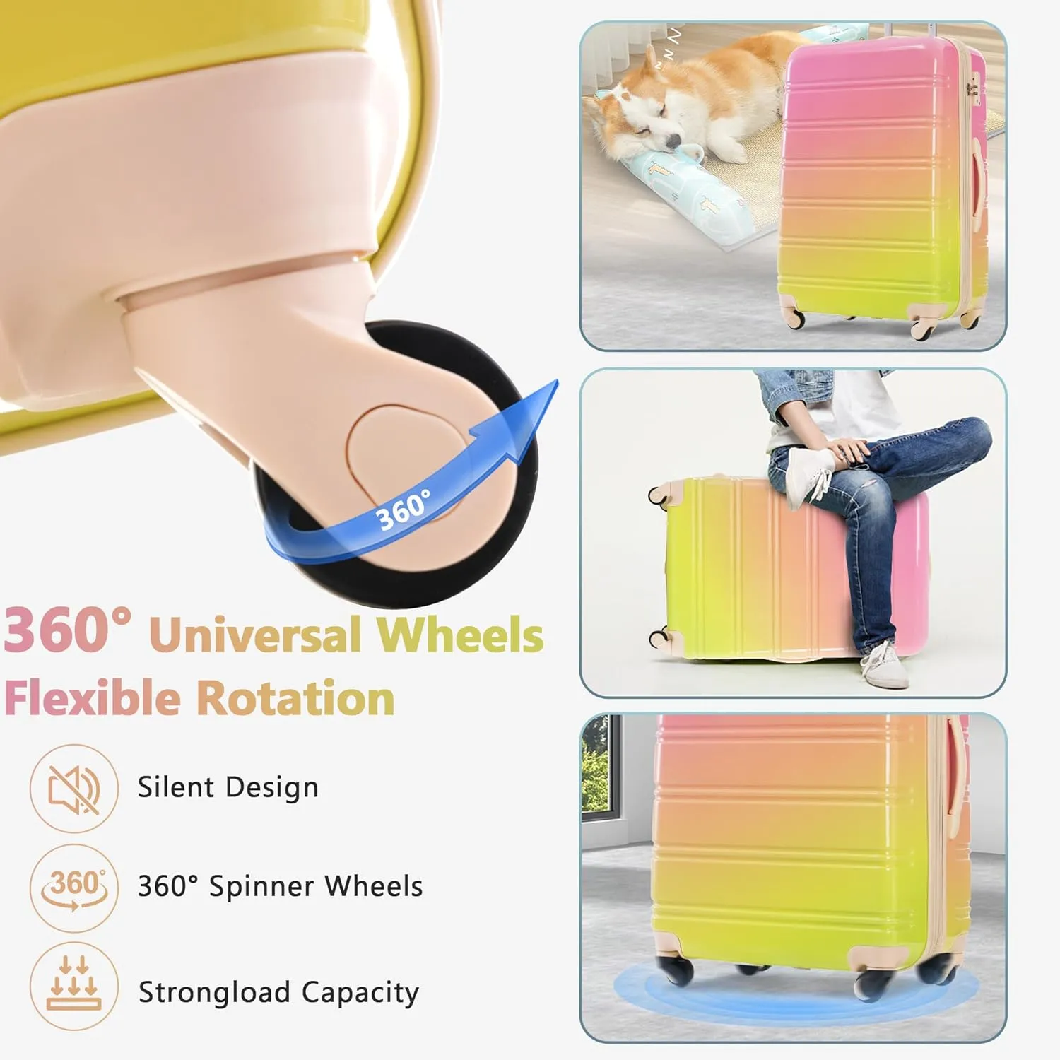 Merax Suitcase Set, Hardshell Luggage Sets 3 Piece with Spinner Wheels, Expandable Gradient Color Suitcase with TSA Lock Lightweight 20" 24" 28", Pink and Green