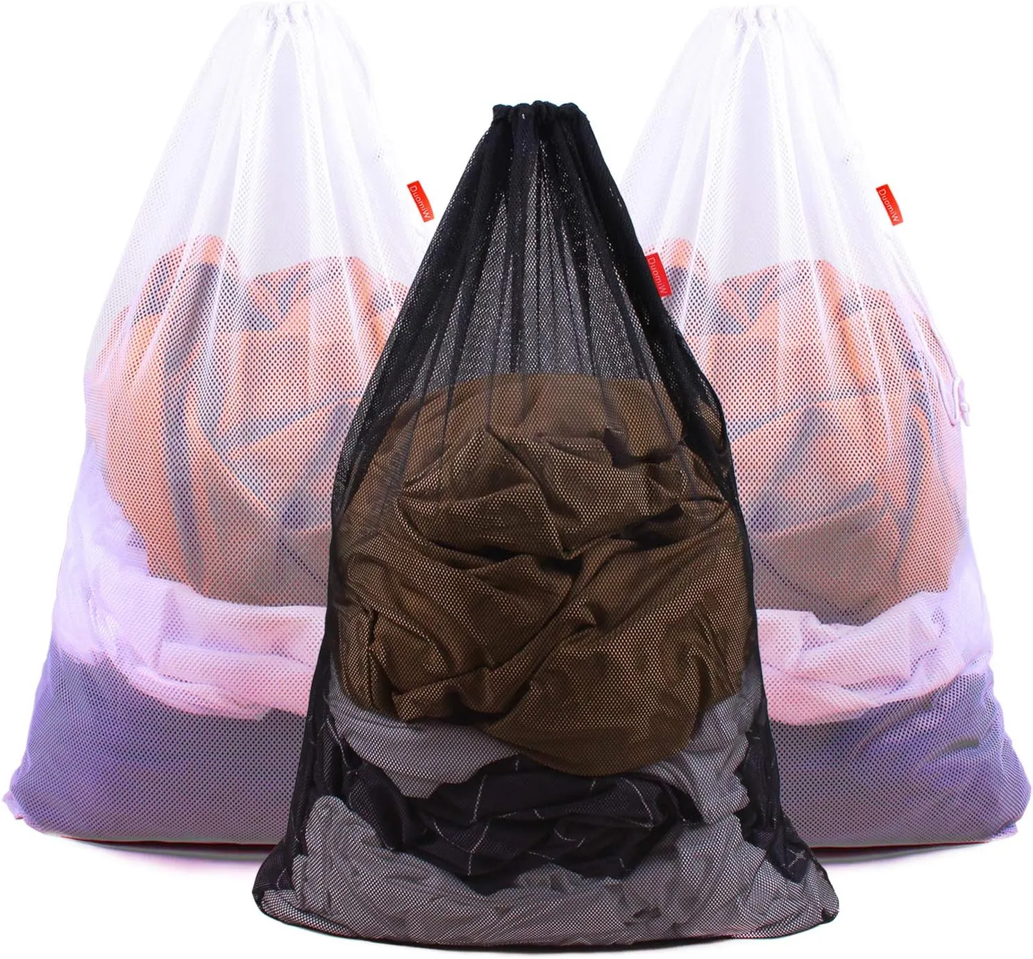 Mesh Laundry Bag Heavy Duty Drawstring Bag, Factories, College, Dorm, Travel and Apartment Dwellers, 24 x 36 Inches (2 White & 1 Black)