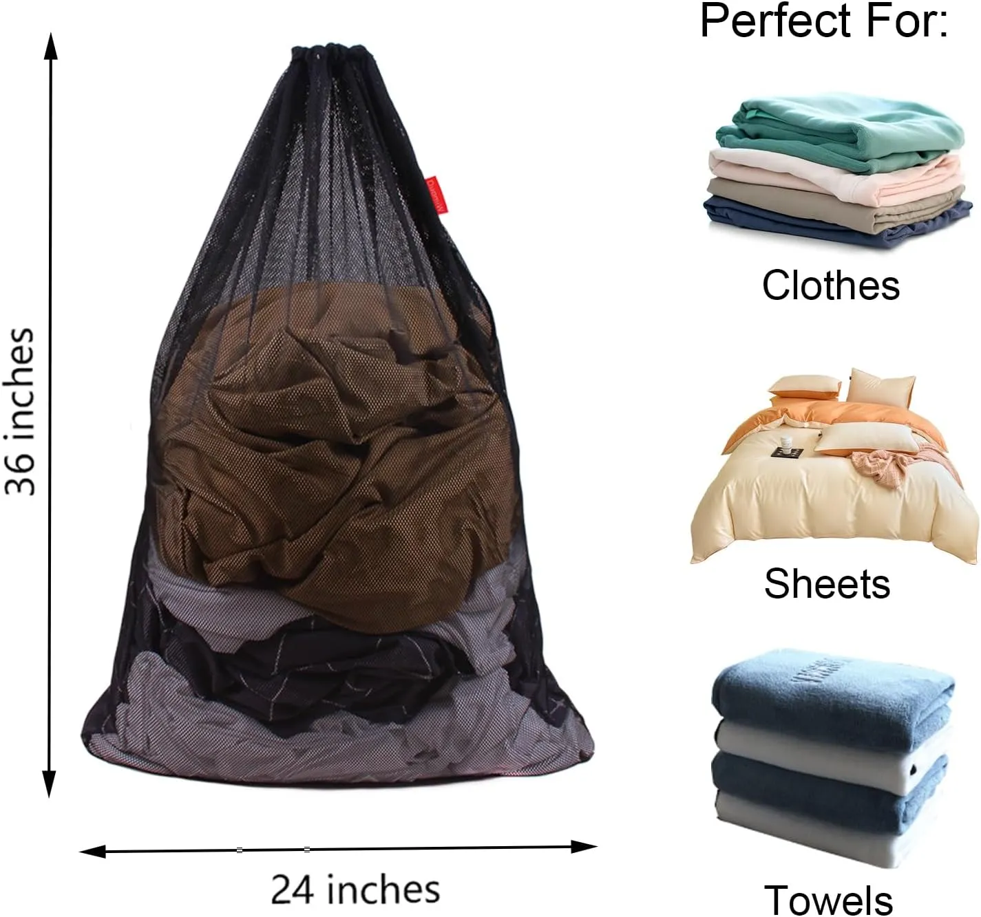 Mesh Laundry Bag Heavy Duty Drawstring Bag, Factories, College, Dorm, Travel and Apartment Dwellers, 24 x 36 Inches (2 White & 1 Black)