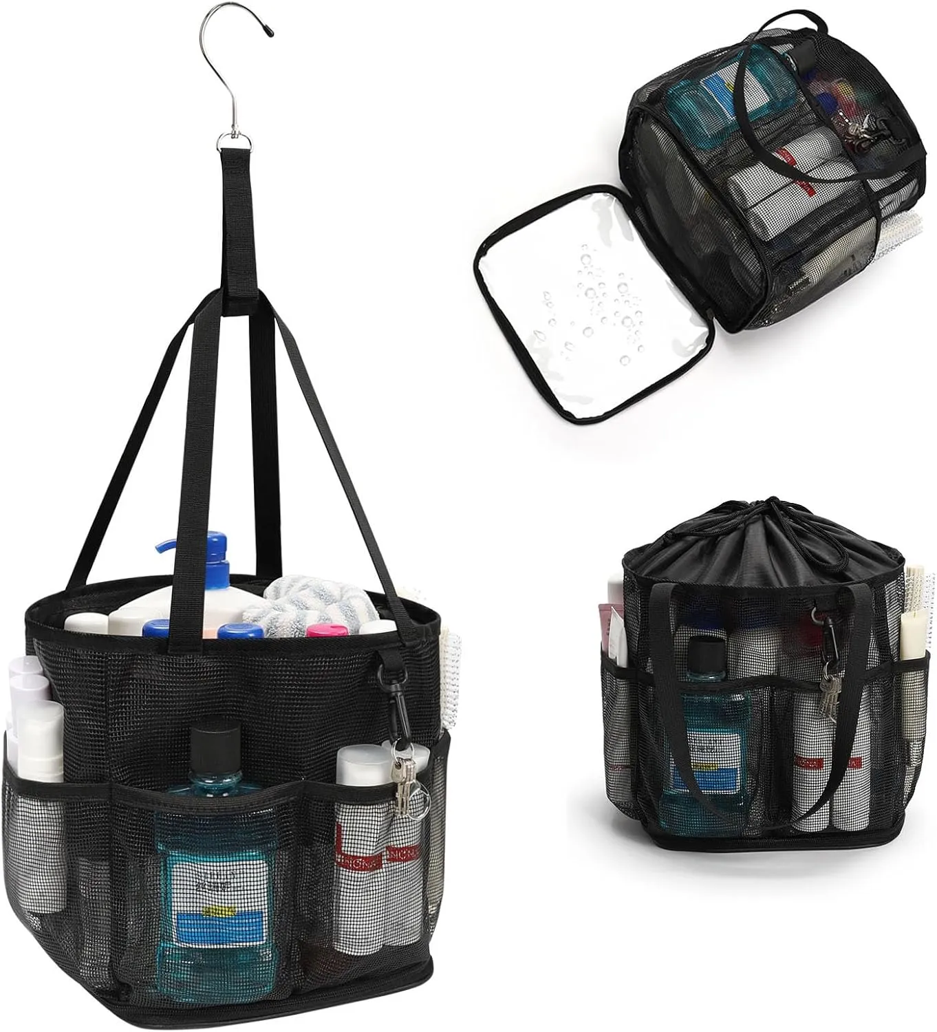 Mesh Shower Caddy Portable for College Dorm Room Essentials, Shower Bag with Hook and Drawstring, Travel Toiletry Bag Quick Dry Bathroom Bag with 6 Pockets for Bathroom, Gym, Swimming, Camping, Beach