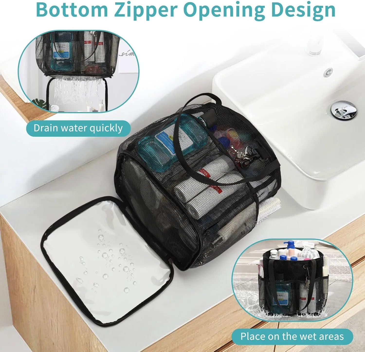 Mesh Shower Caddy Portable for College Dorm Room Essentials, Shower Bag with Hook and Drawstring, Travel Toiletry Bag Quick Dry Bathroom Bag with 6 Pockets for Bathroom, Gym, Swimming, Camping, Beach