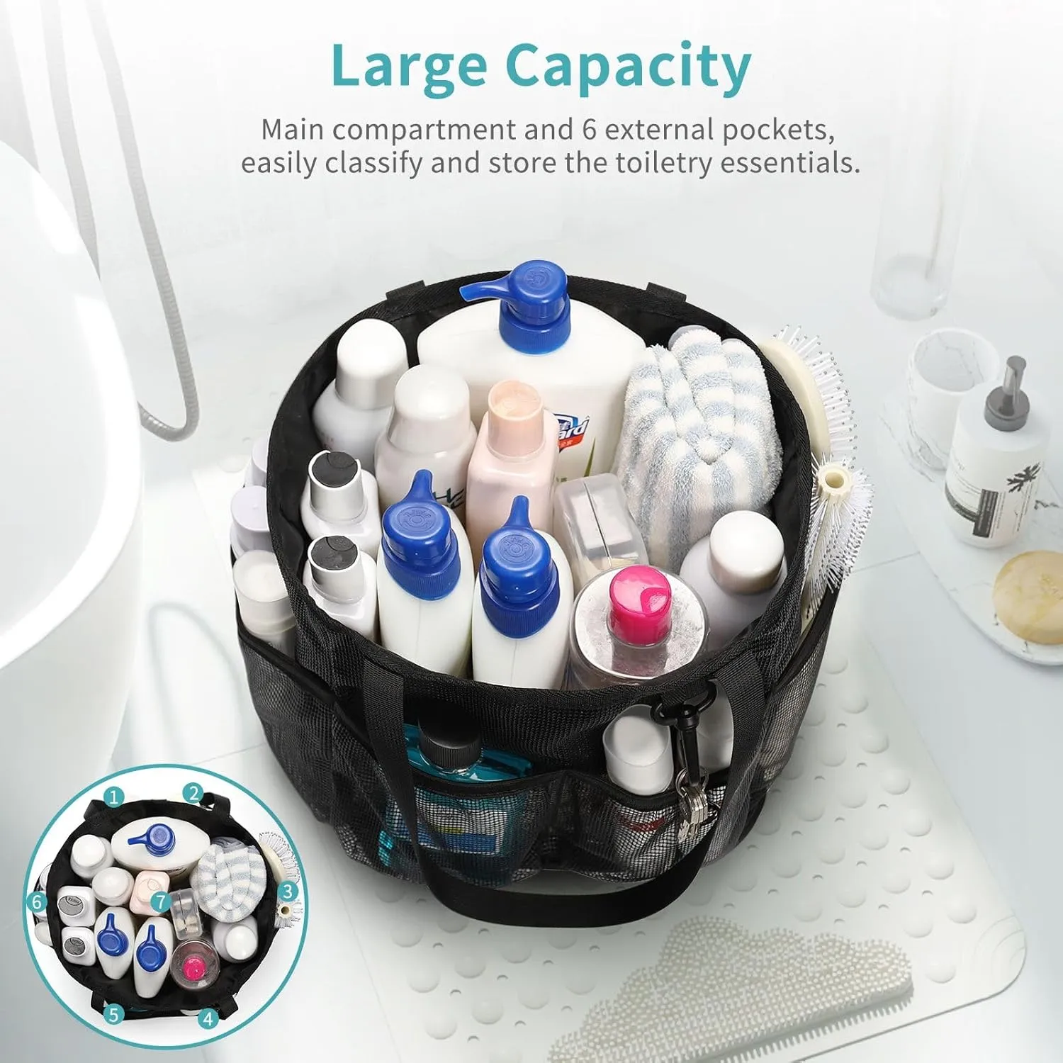 Mesh Shower Caddy Portable for College Dorm Room Essentials, Shower Bag with Hook and Drawstring, Travel Toiletry Bag Quick Dry Bathroom Bag with 6 Pockets for Bathroom, Gym, Swimming, Camping, Beach