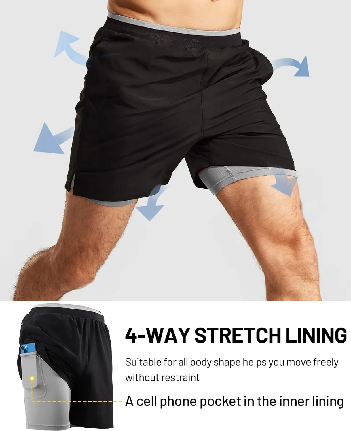 MIER Men's 2 in 1 Running Shorts with Liner 5" Quick Dry Gym Workout Athletic Shorts with Pockets, Lightweight, Breathable