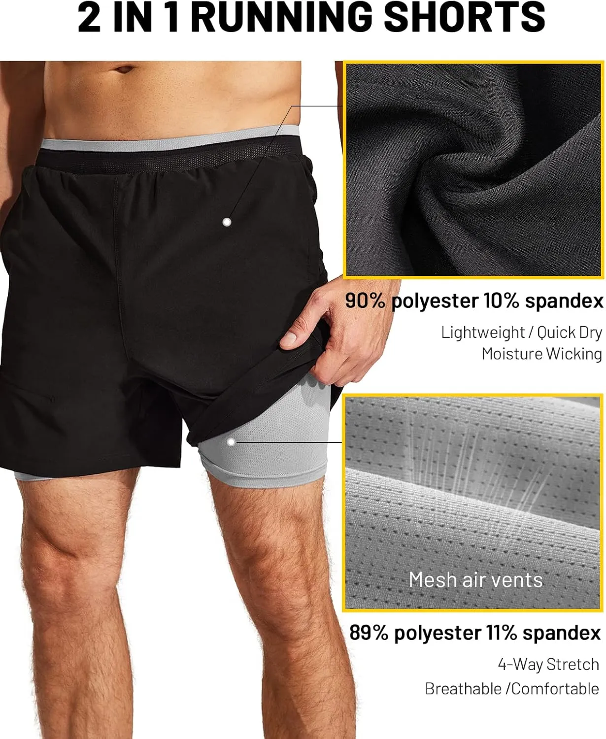 MIER Men's 2 in 1 Running Shorts with Liner 5" Quick Dry Gym Workout Athletic Shorts with Pockets, Lightweight, Breathable