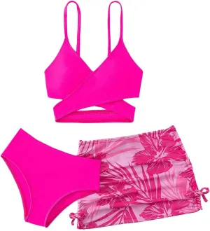 Milumia Girl's 3 Pieces Bikini Set Tropical Print Criss Cross Wrap Bathing Suit with Beach Skirt