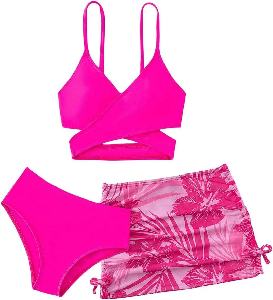 Milumia Girl's 3 Pieces Bikini Set Tropical Print Criss Cross Wrap Bathing Suit with Beach Skirt