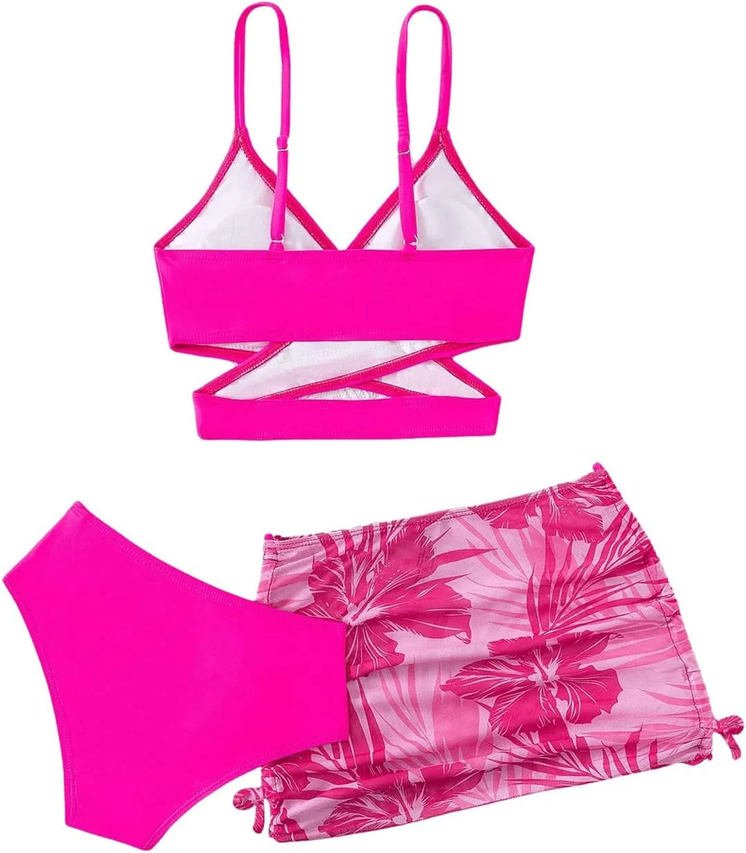 Milumia Girl's 3 Pieces Bikini Set Tropical Print Criss Cross Wrap Bathing Suit with Beach Skirt