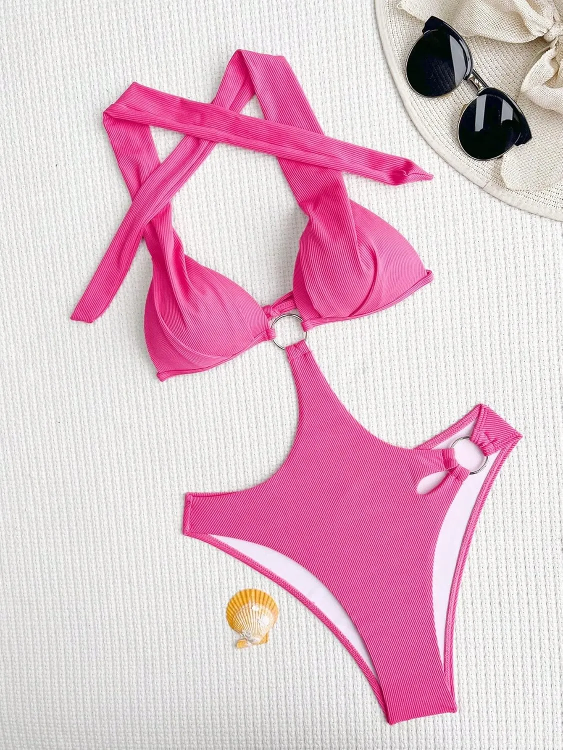 Milumia Women's Ring Linked Cut Out Halter Onepiece Swimsuit Summer High Cut Push Up Bathing Suit