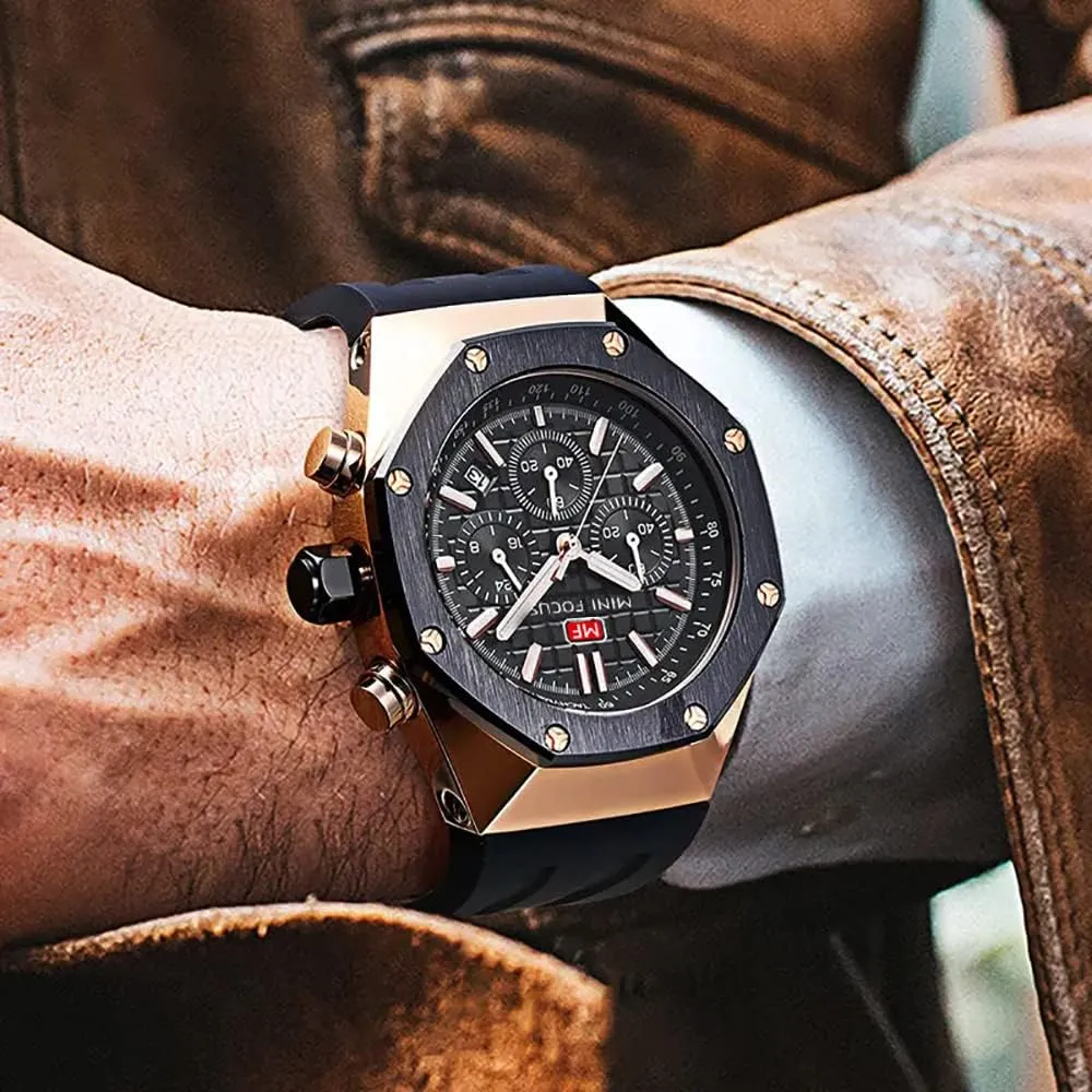 Mini Focus Mens Watch Octagon Casual Wrist Watch (Chronograph/Waterproof/Luminous/Calendar) Silicon/Leather Band Watch for Men